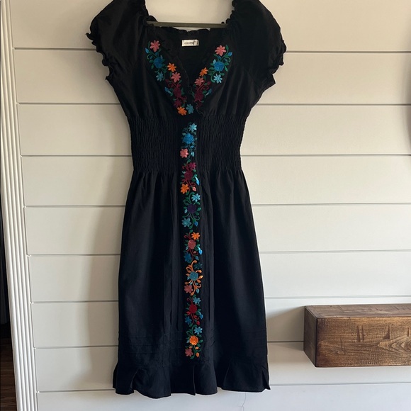 YZXDORWJ Dresses & Skirts - Black Midi Dress with Multicolor Floral Embroidery